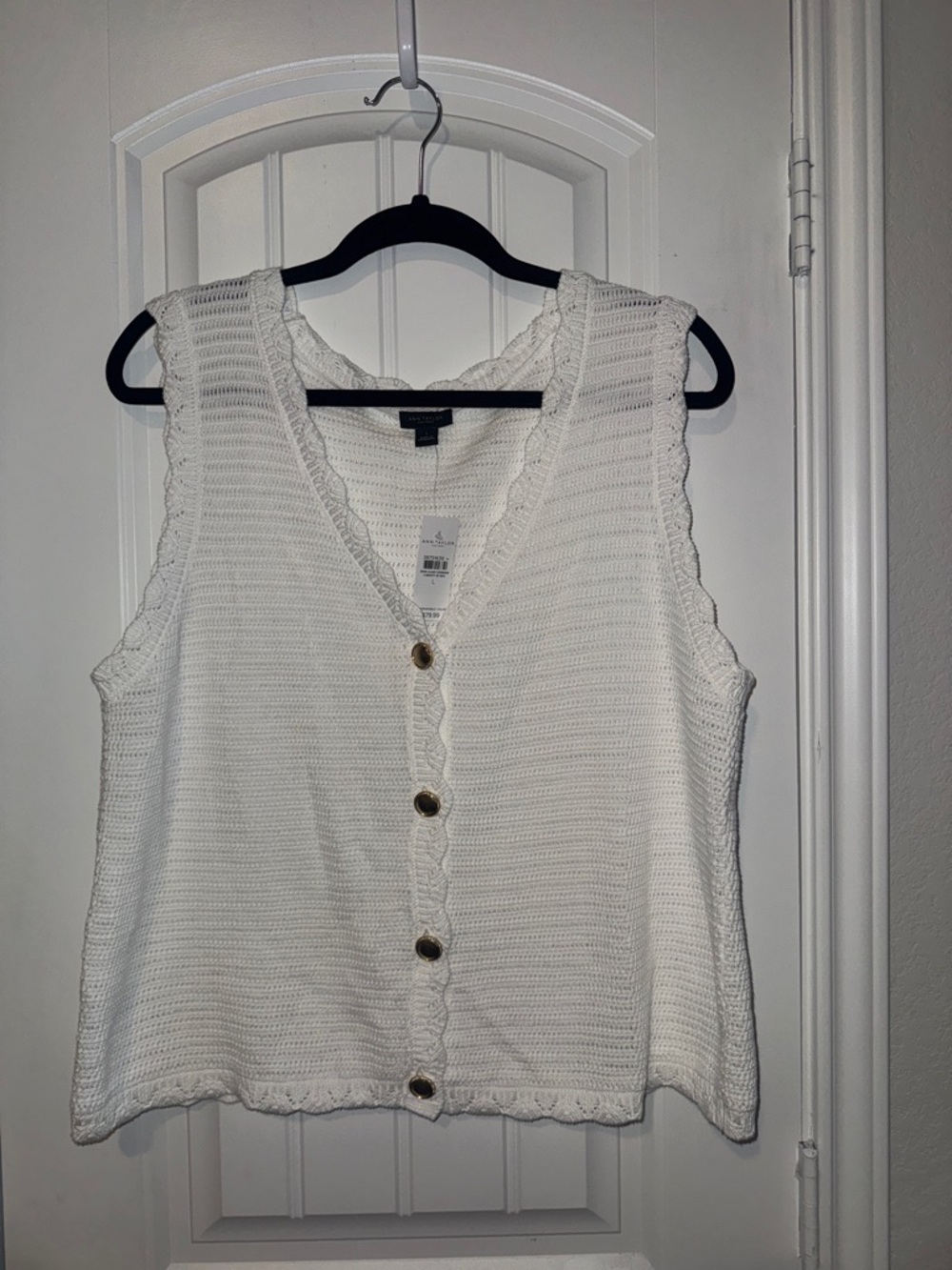 Ann Taylor Factory White Crochet Button-Front Sleeveless Top